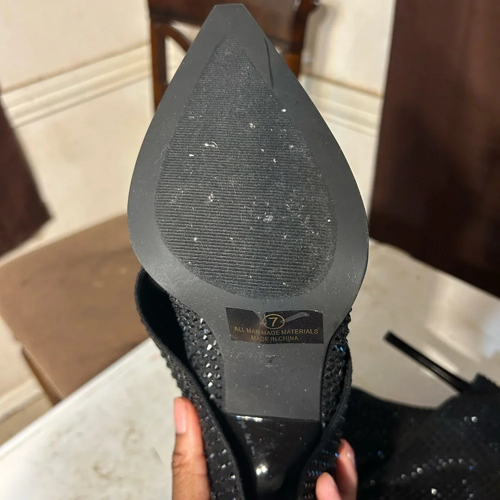 Black Crystal-Embellished Pointed Stiletto Boot